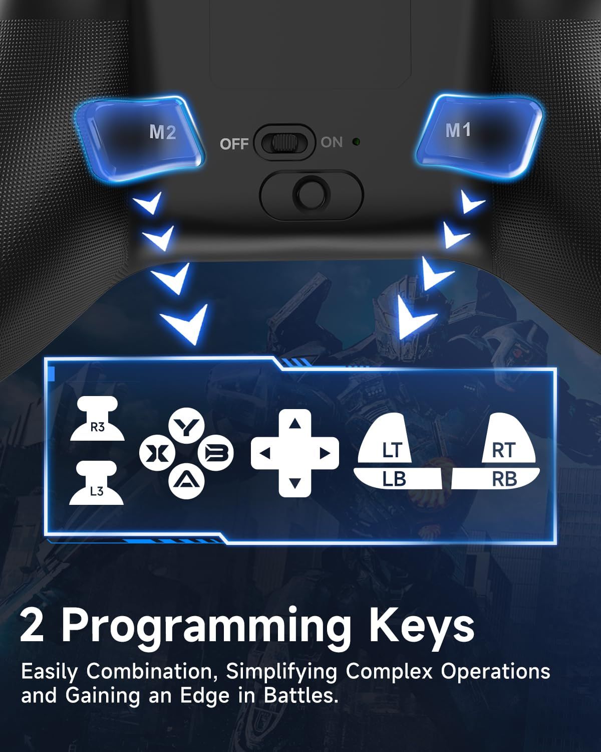Highlights the two programmable M1 and M2 keys that allow gamers to create custom button combinations for simplified complex operations and competitive advantage in gaming.