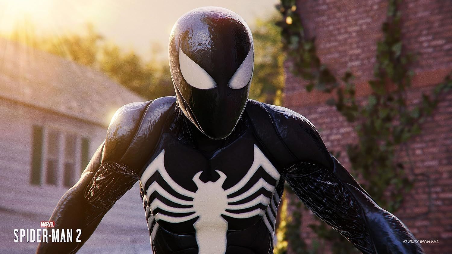 Displays the product (Spider-Man 2 video game) through an in-game character render in a realistic environment to showcase visual quality and immerse potential buyers in the game experience.