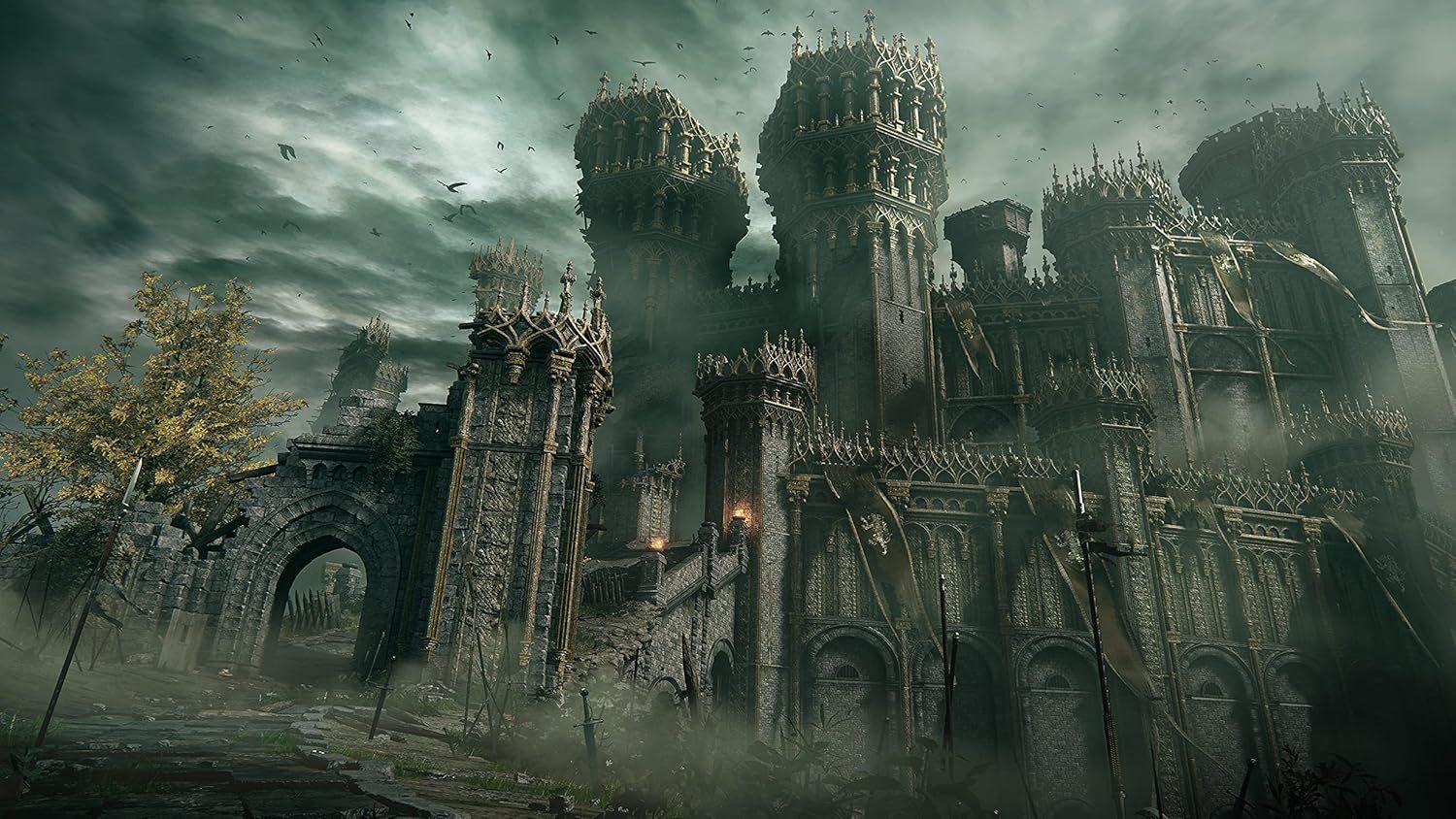 Creates an atmospheric and immersive visual experience showcasing the product in a dramatic fantasy setting, likely for a video game or related media.