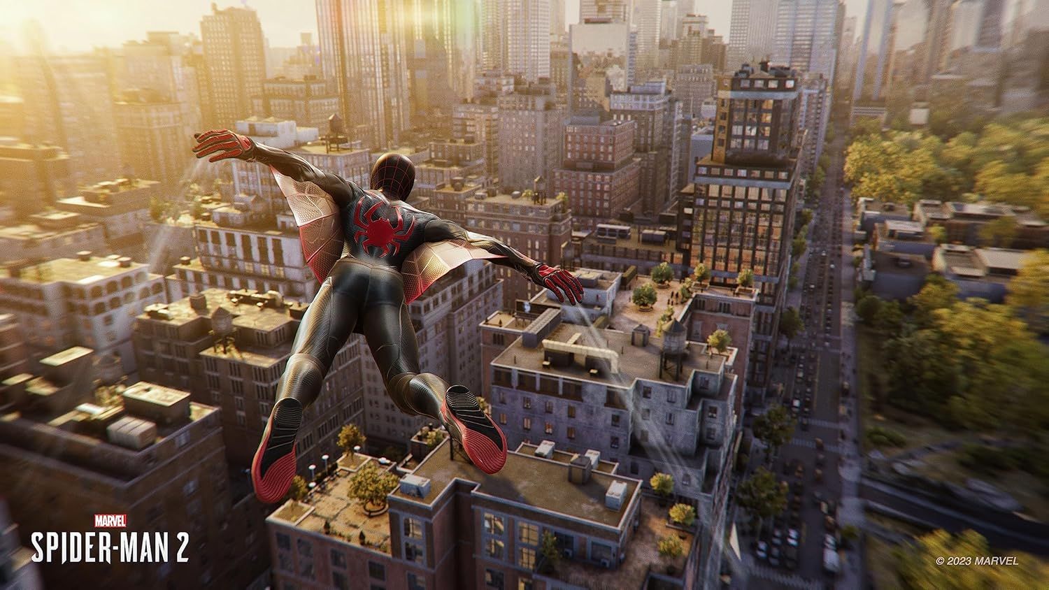This image promotes the Marvel Spider-Man 2 video game brand, showcasing the game's visual quality and establishing brand recognition through the prominent logo and copyright information.