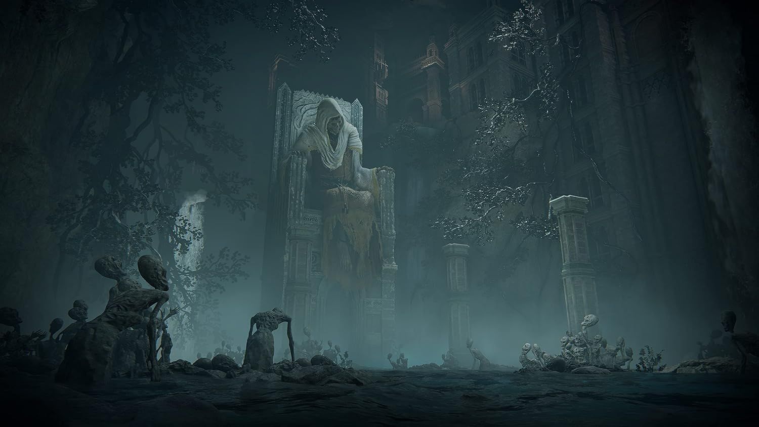 This image showcases the product (video game) in its atmospheric, dark fantasy setting to immerse potential buyers in the game's eerie, gothic world and visual style.