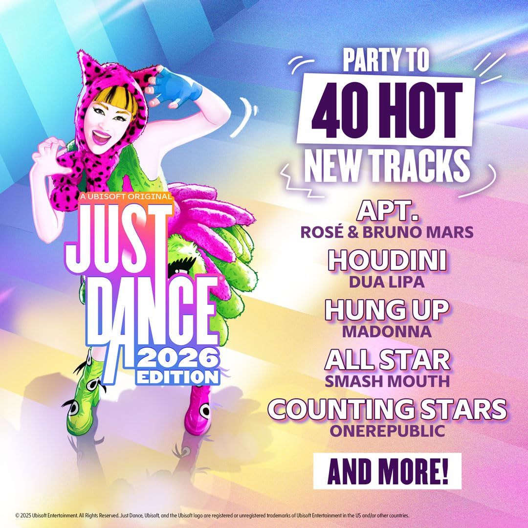 Showcases the Just Dance 2026 Edition product and its extensive music library, highlighting 40 hot new tracks from popular artists to attract buyers and communicate the game's value and variety.