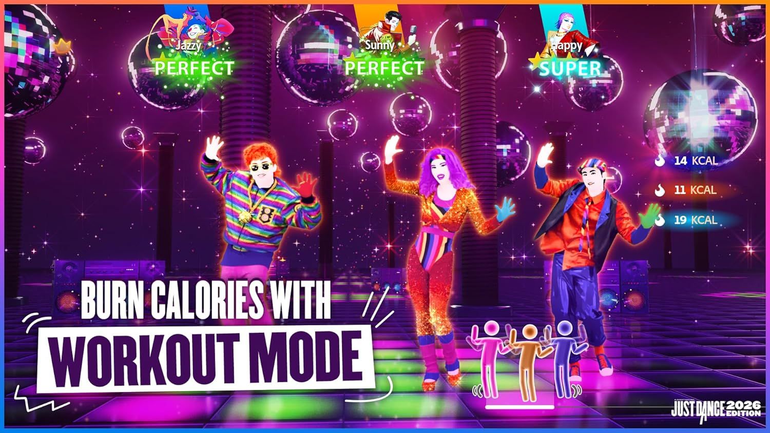 Highlights the game's workout mode feature that allows players to burn calories while dancing, appealing to fitness-conscious shoppers looking for an active gaming experience.