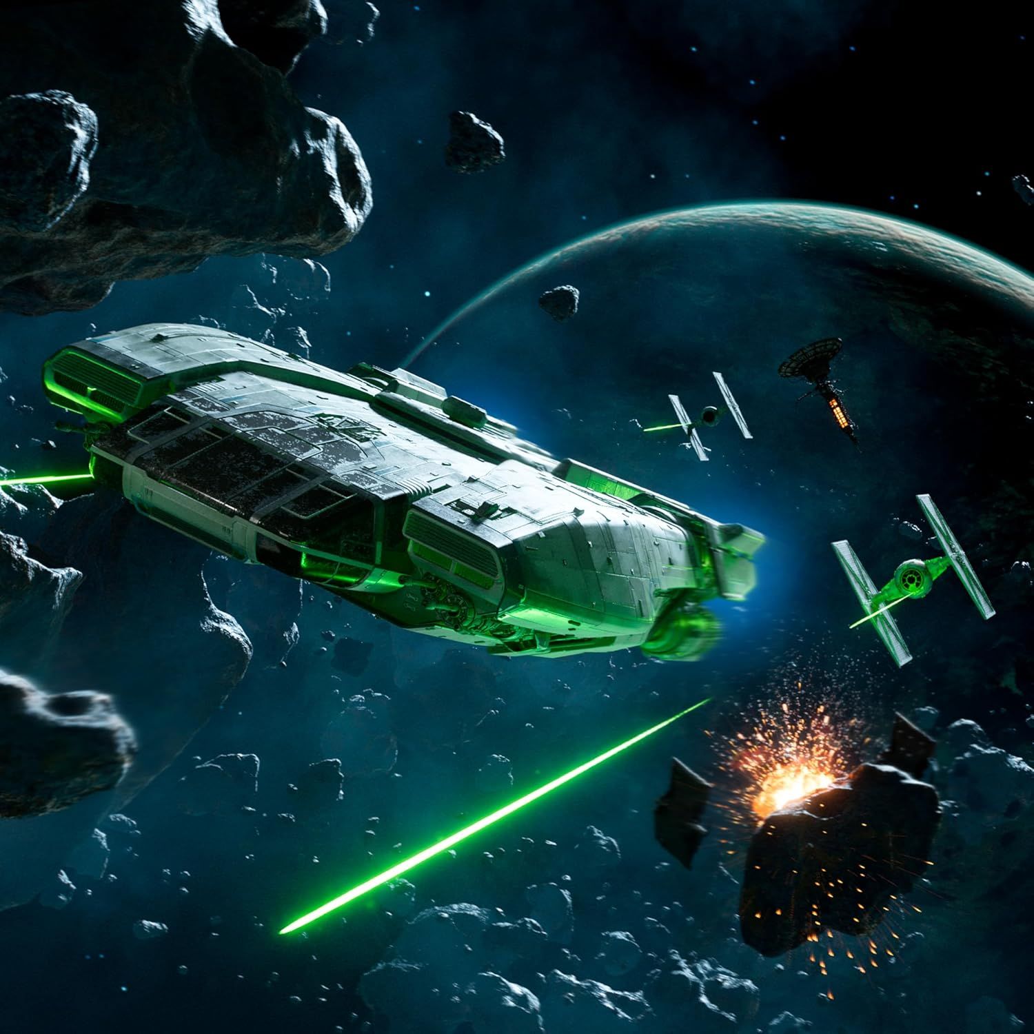 Creates an immersive, cinematic atmosphere showing the product in an exciting sci-fi context to appeal to fans and collectors.