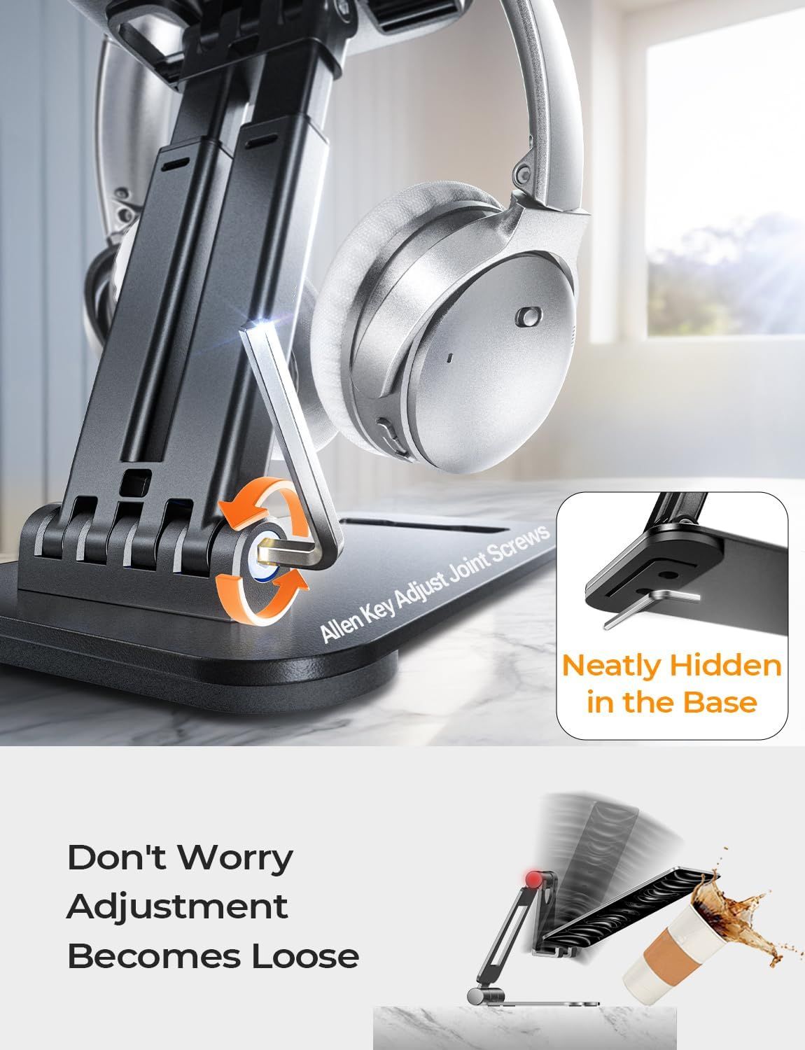 Highlights the hidden Allen key storage in the base and the adjustable joint mechanism to reassure shoppers about the product's thoughtful design and ease of maintenance. Communicates that the…