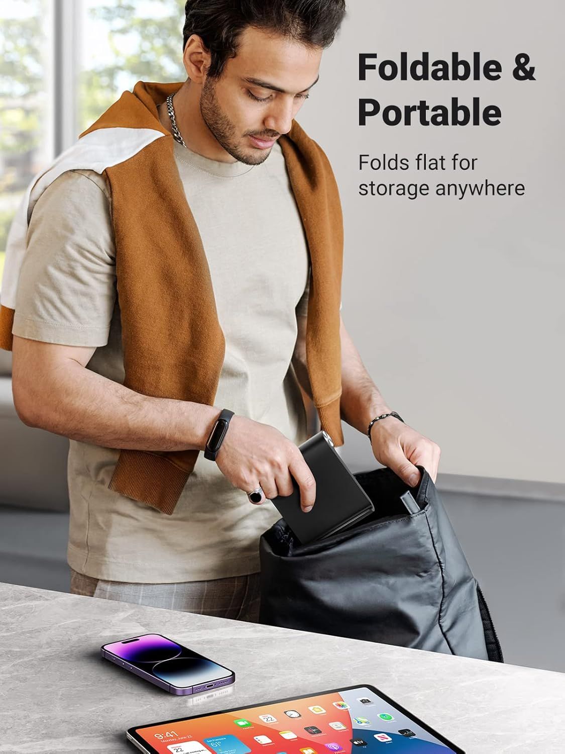 Communicates that the product folds flat for easy storage and portability, making it convenient for travel and space-saving.