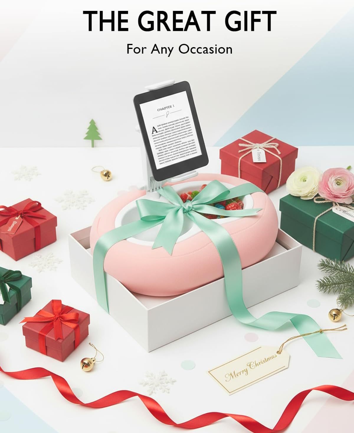 Positions the product as an ideal gift for any occasion, with strong seasonal and holiday cues including wrapped gifts, Christmas ornaments, evergreen…