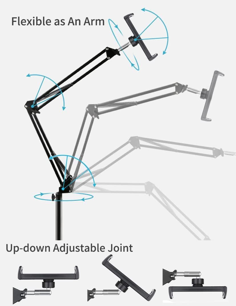 Demonstrates the physical flexibility and adjustability of the tablet/phone mount arm, showing shoppers how the joints rotate and move in multiple directions…