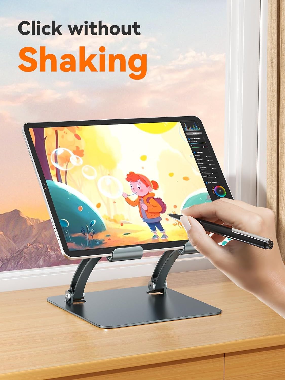 Communicates that the tablet stand provides a stable, shake-free drawing or writing experience, reassuring digital artists and note-takers that the stand won't wobble during use.