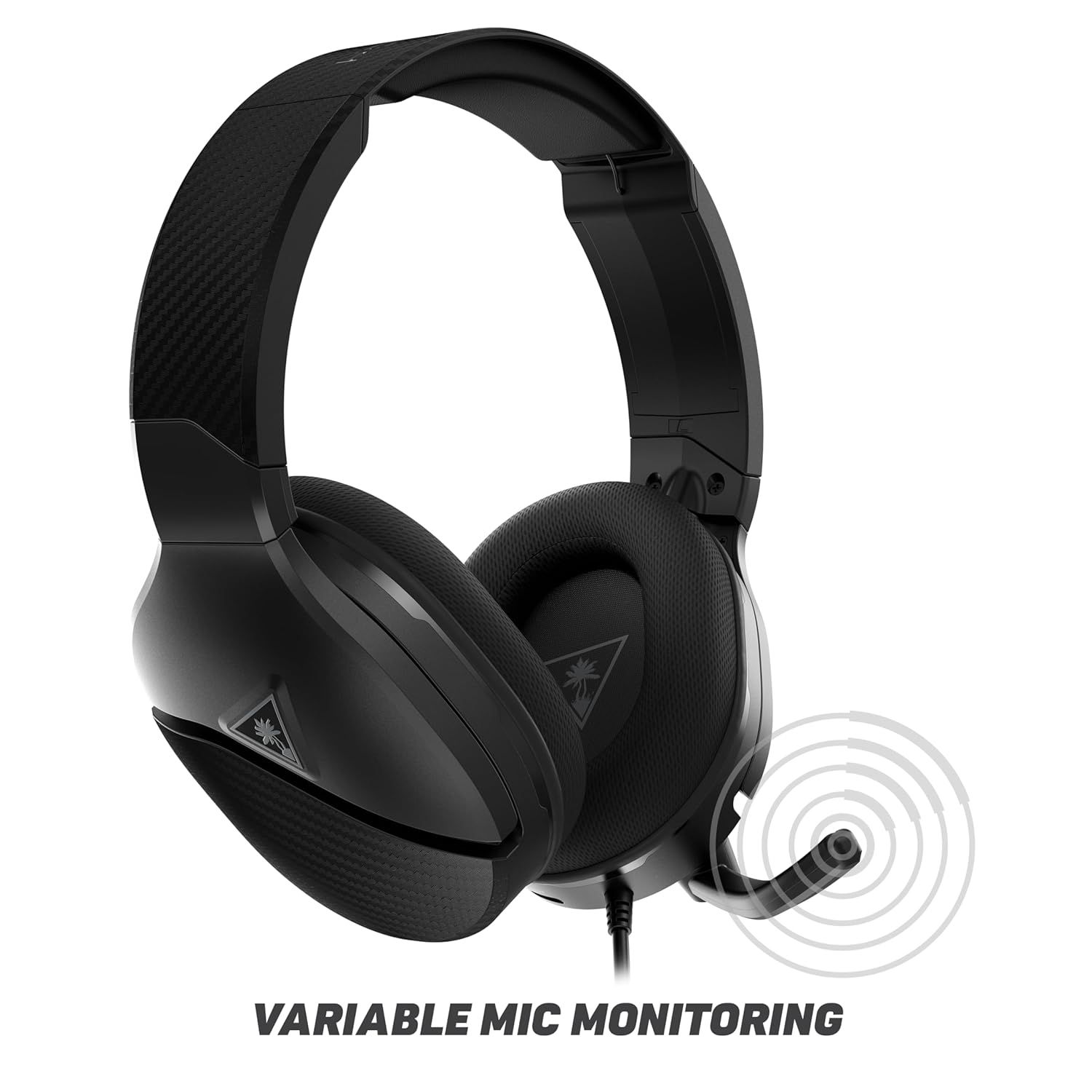 Highlights the headset's variable mic monitoring feature, allowing users to hear their own voice through the headset for better communication control.