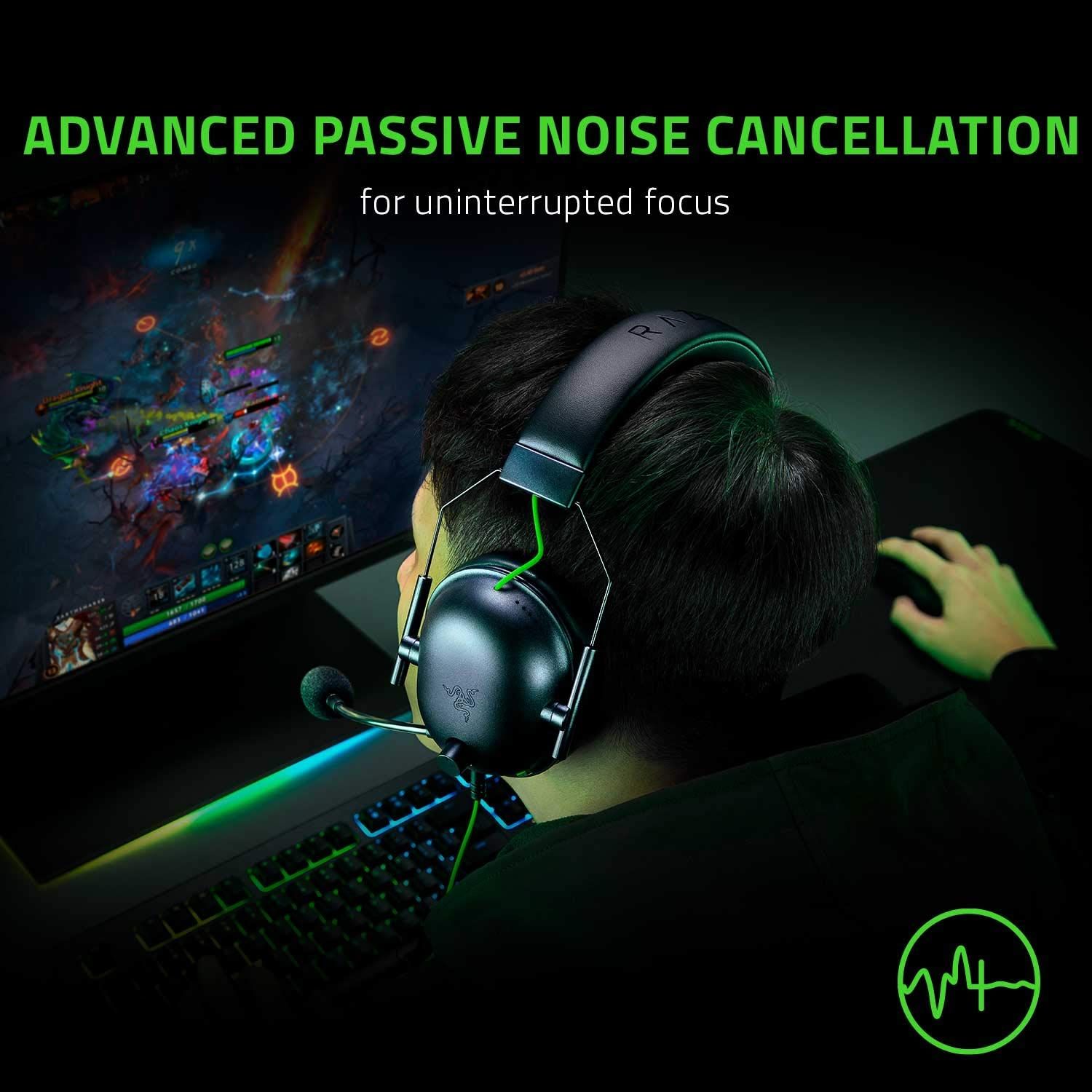 Highlights the headset's advanced passive noise cancellation feature to reassure gamers that they can maintain uninterrupted focus during gameplay.