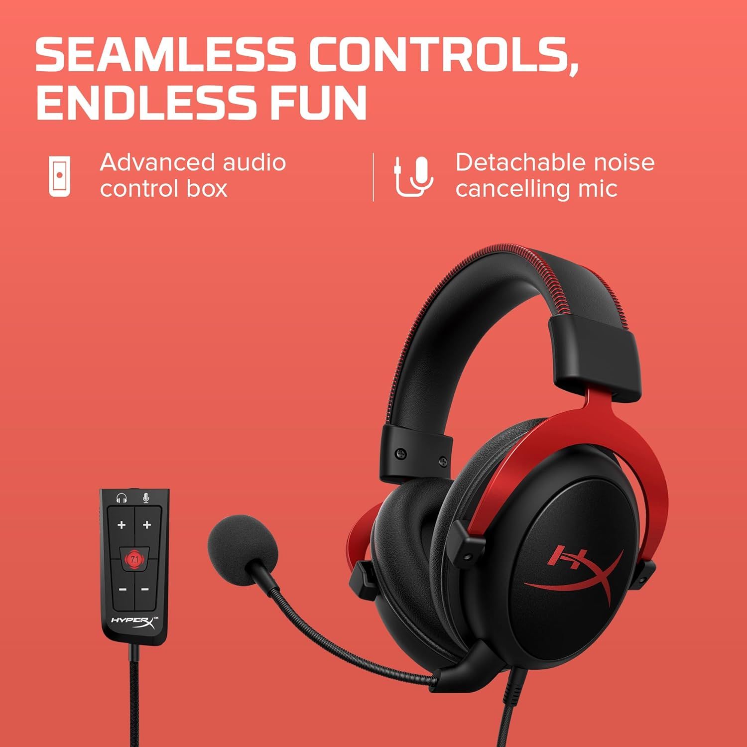 Highlights two distinct features of the gaming headset—the advanced audio control box and the detachable noise-cancelling microphone—to communicate versatility and control for gamers.