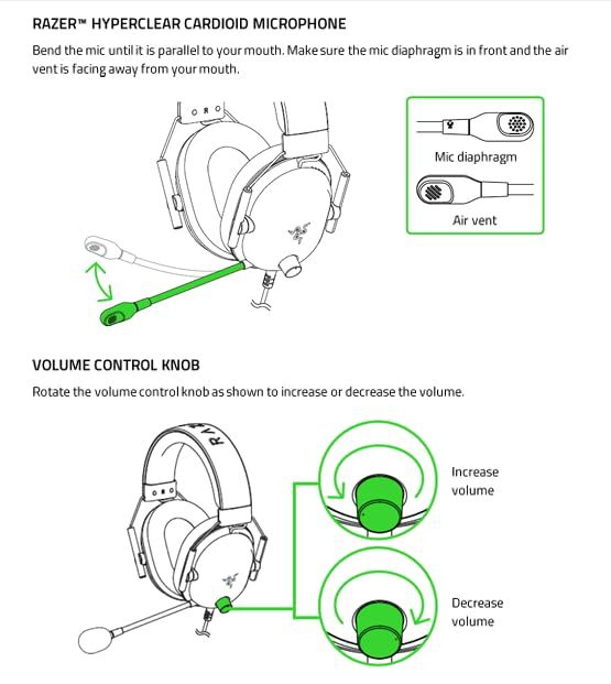 Instructs users on how to properly position the microphone and adjust the volume control knob, ensuring correct setup and optimal use of the headset.
