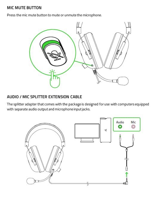 Instructs users on how to use the mic mute button and how to connect the audio/mic splitter cable for computers with separate audio and microphone jacks.