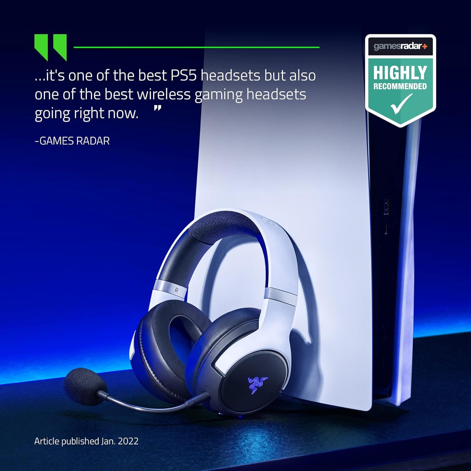 Builds credibility and trust by showcasing a highly positive review from Games Radar, a recognized gaming publication, positioning the headset as one of the best PS5 and wireless gaming headsets…