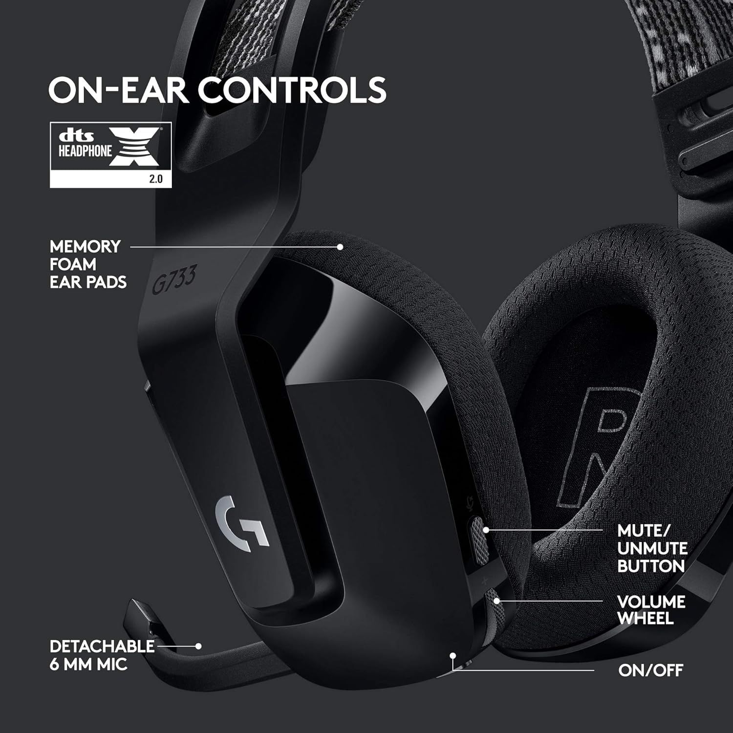 This image breaks down the gaming headset by labeling and pointing to its key physical components and features, helping shoppers understand the product's construction and control locations.