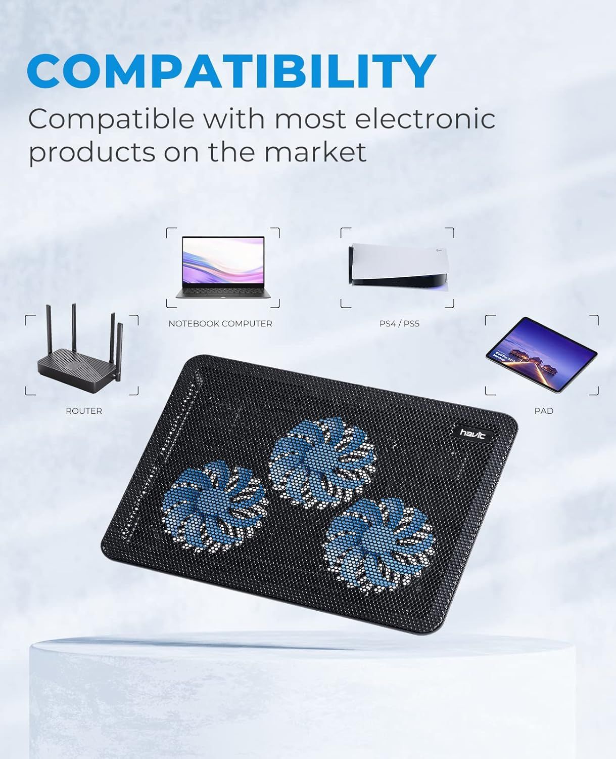 Demonstrates that the cooling pad works with multiple electronic devices including notebooks, gaming consoles, routers, and tablets, reassuring shoppers of…