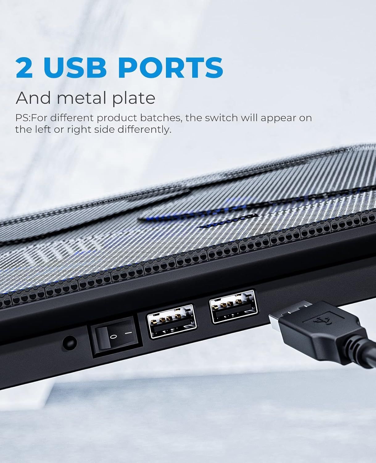 Highlights the product's dual USB port connectivity and metal plate construction to communicate convenience and quality to shoppers.