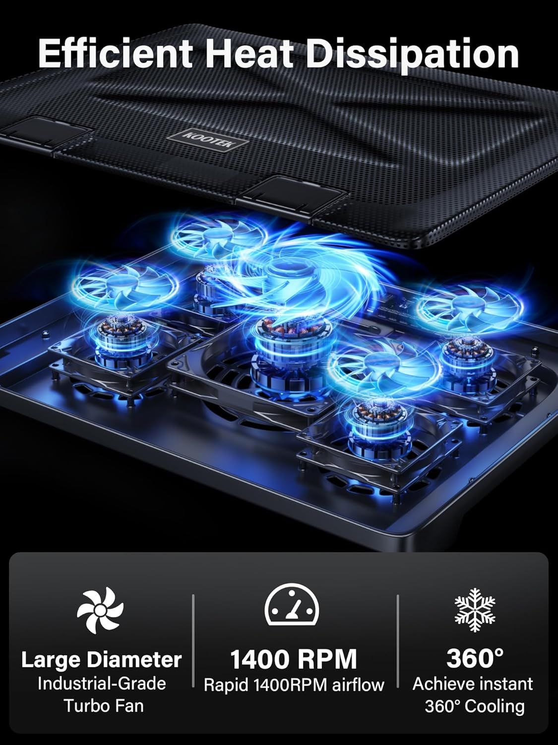 This image reveals the internal cooling mechanism of the product, showing multiple turbo fans and airflow patterns to reassure shoppers that the product has…