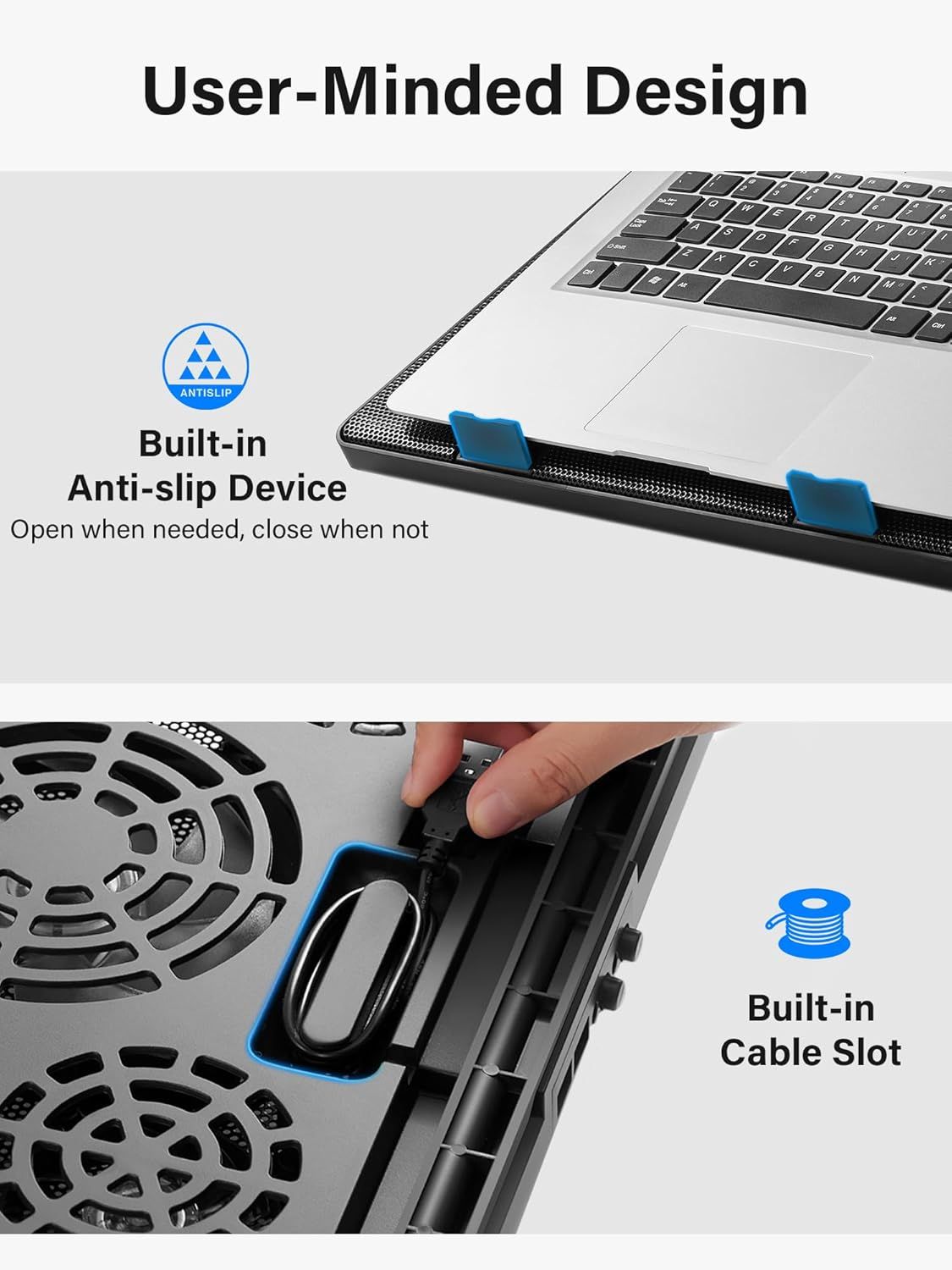 Highlights two distinct user-minded design features of the laptop stand: an anti-slip device that can be opened or closed as needed, and a built-in cable…