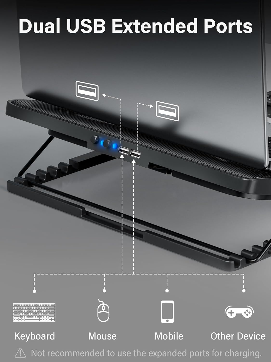 Demonstrates the multiple device types that can be connected to the dual USB ports, including keyboard, mouse, mobile phone, and gaming controller, reassuring…