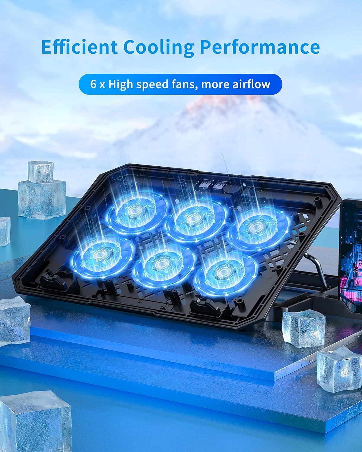 Communicates the quantifiable cooling performance by highlighting the product has 6 high-speed fans for increased airflow, reassuring shoppers of its superior cooling capability. Emphasizes the core…