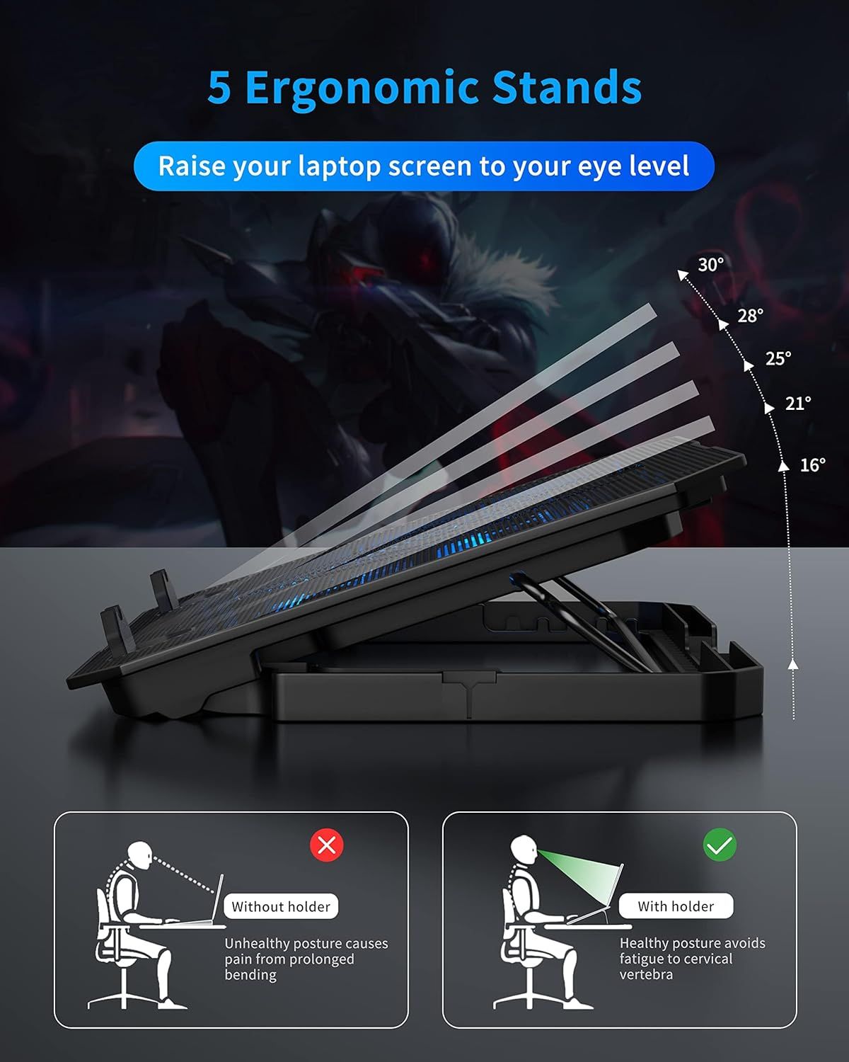 Communicates the laptop stand's multiple adjustable angles and ergonomic benefits, showing how it improves posture and reduces neck strain compared to working…