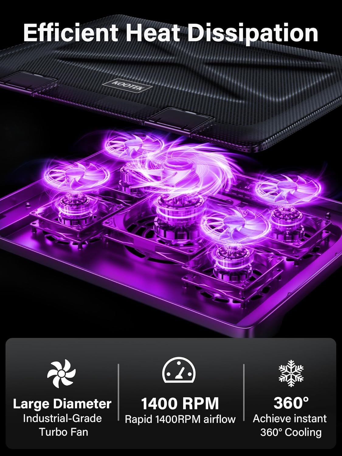 Demonstrates the internal cooling architecture of the laptop cooling pad, showing how the multiple fans and airflow system work together to dissipate heat…