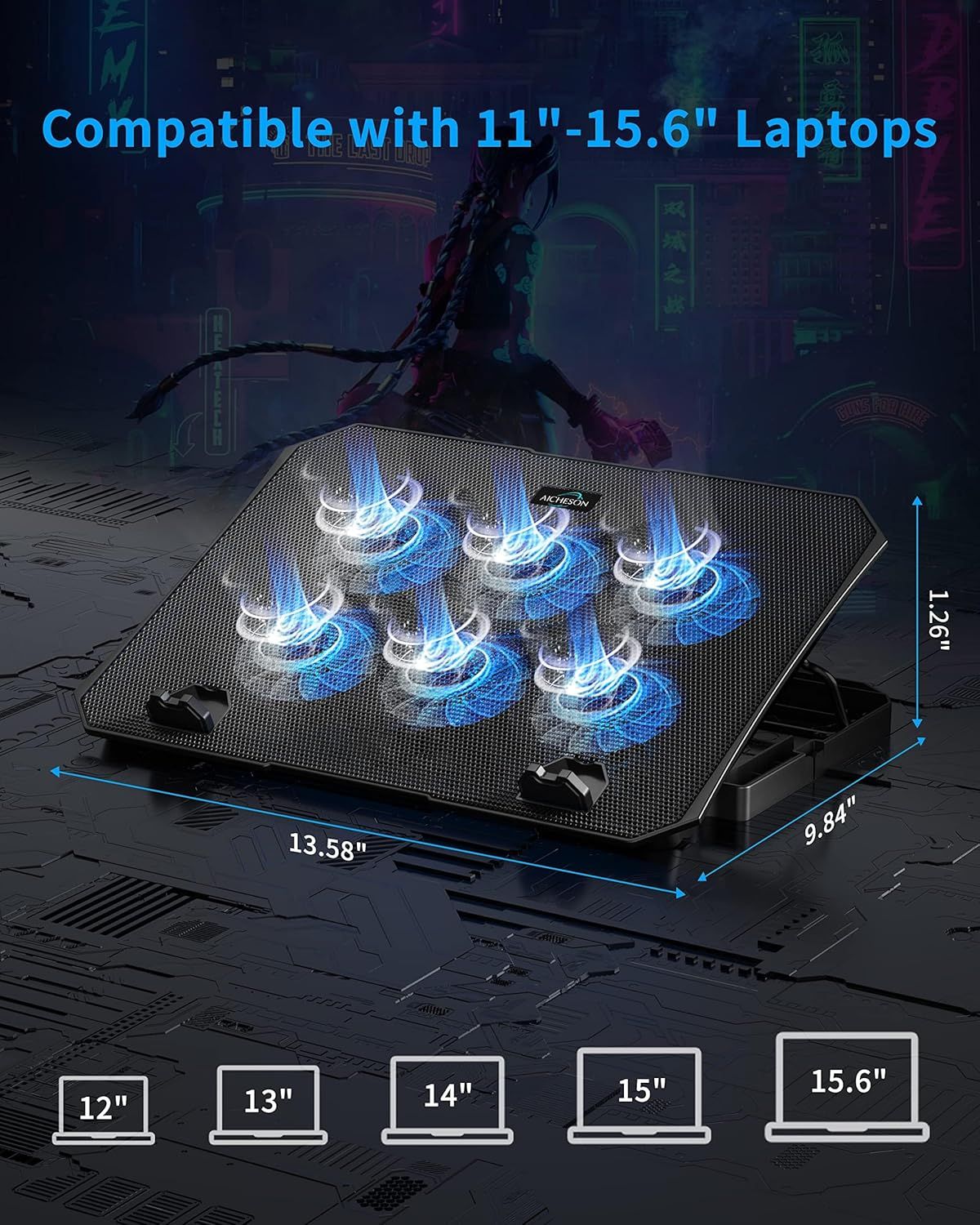 Demonstrates the range of laptop sizes this cooling pad is compatible with, reassuring shoppers that it will fit their device. Shows the exact physical dimensions of the cooling pad so shoppers can…