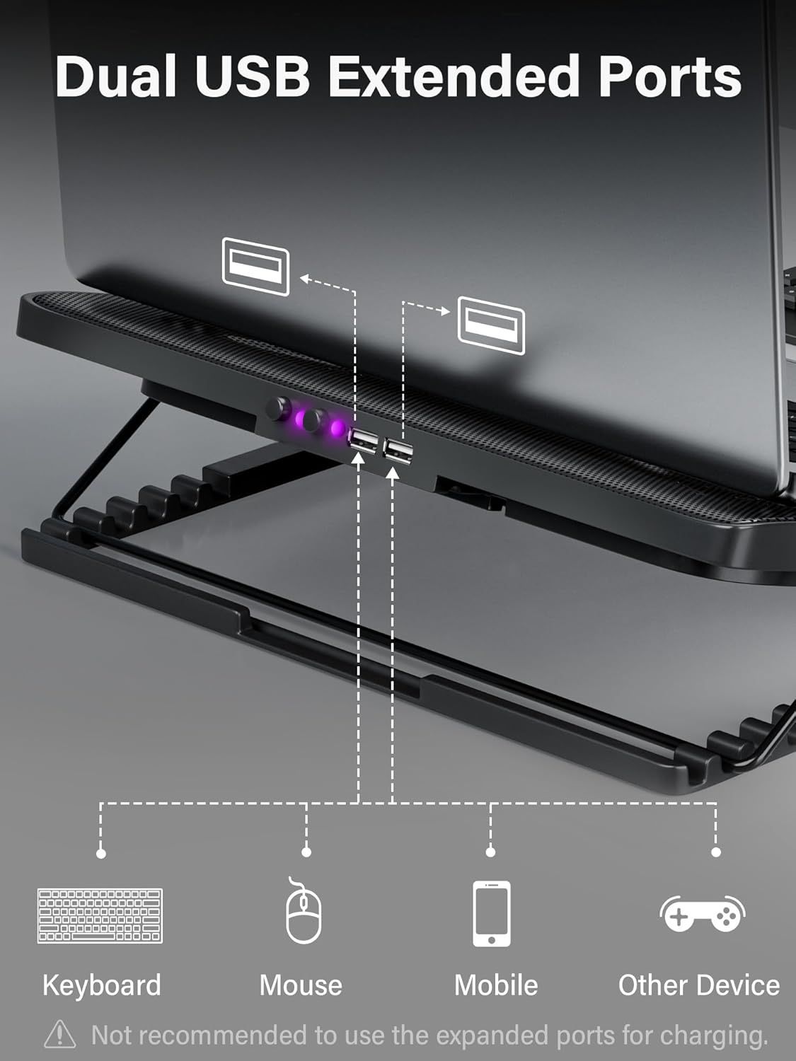 Highlights the physical location and functionality of the dual USB ports on the laptop stand, showing shoppers what devices can be connected (keyboard, mouse,…