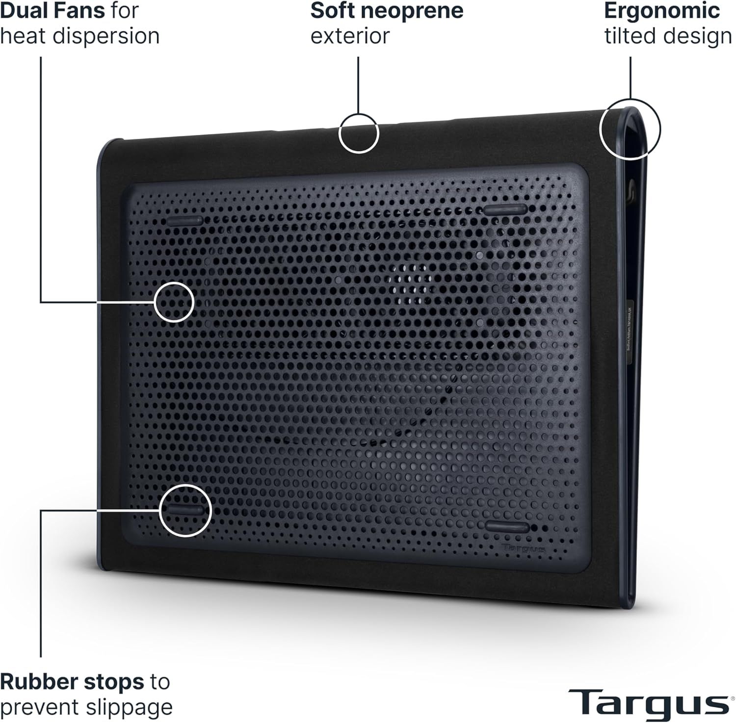 This image breaks down the physical components and structural features of the laptop cooling pad to help shoppers understand what the product is made of and…