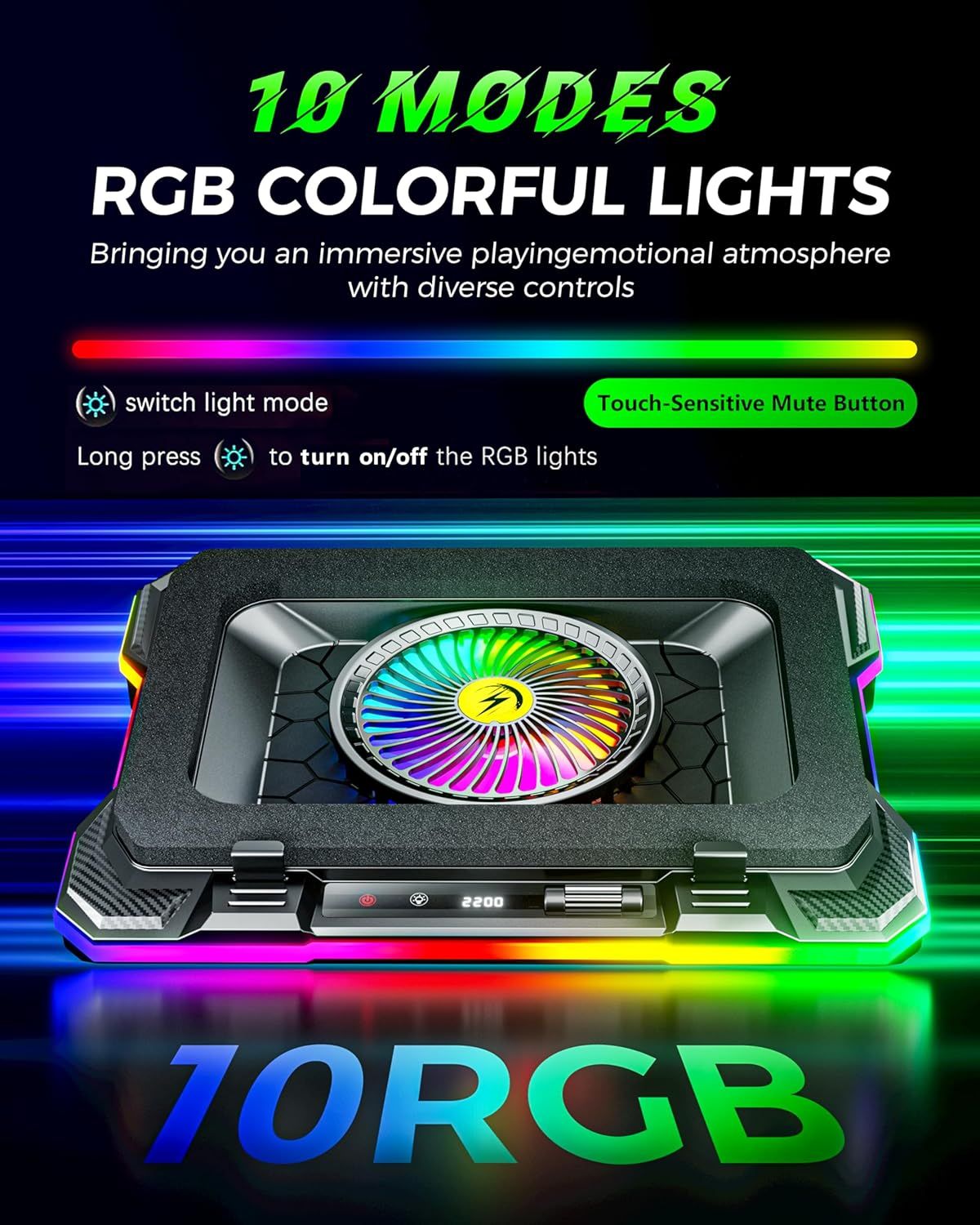 Highlights multiple distinct features of the gaming phone cooler including customizable RGB lighting with 18 modes, touch-sensitive controls, and diverse…