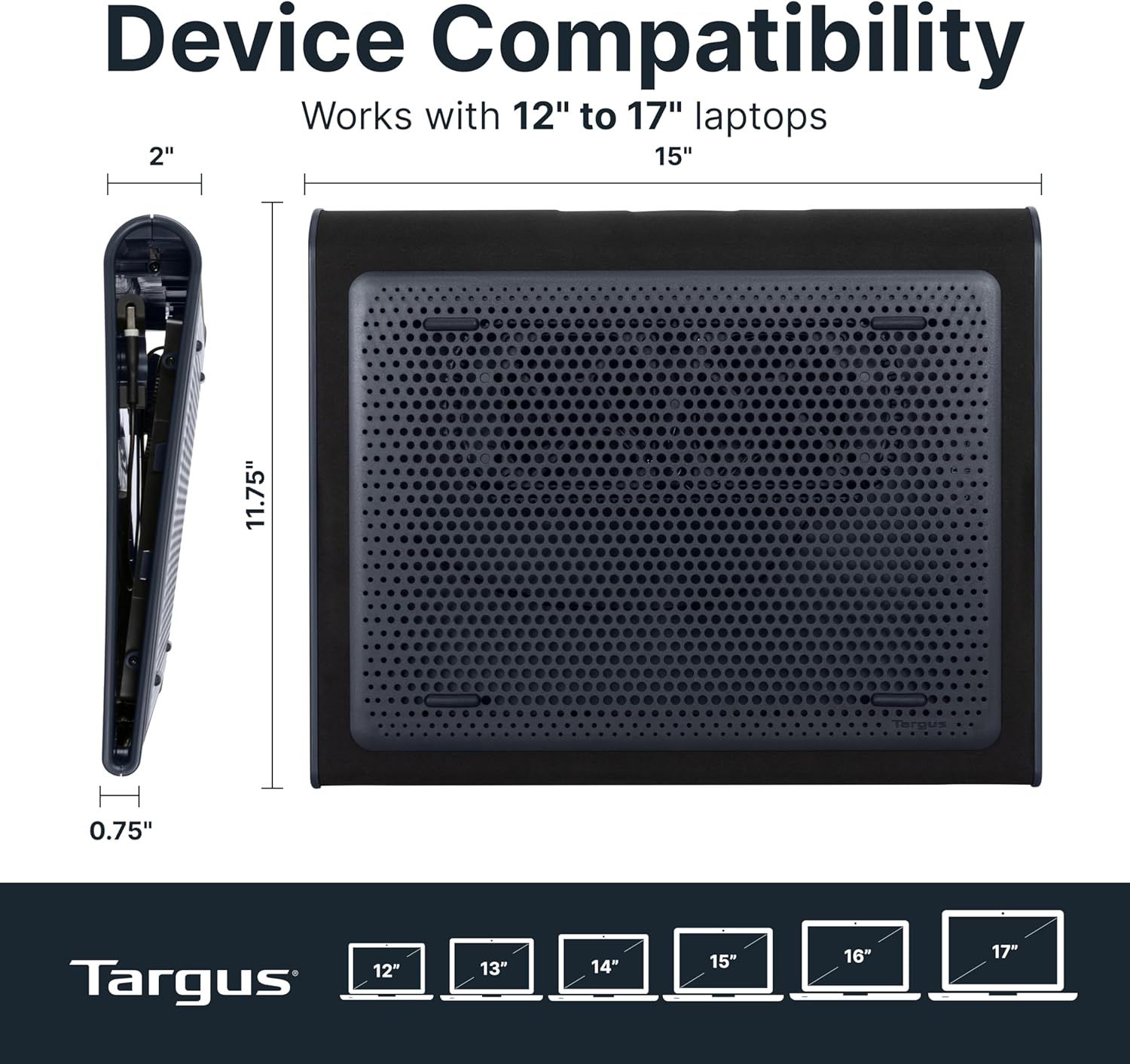 Communicates which laptop sizes (12 to 17 inches) are compatible with this product, reassuring shoppers that it will fit their device. Shows the exact physical dimensions of the product with…