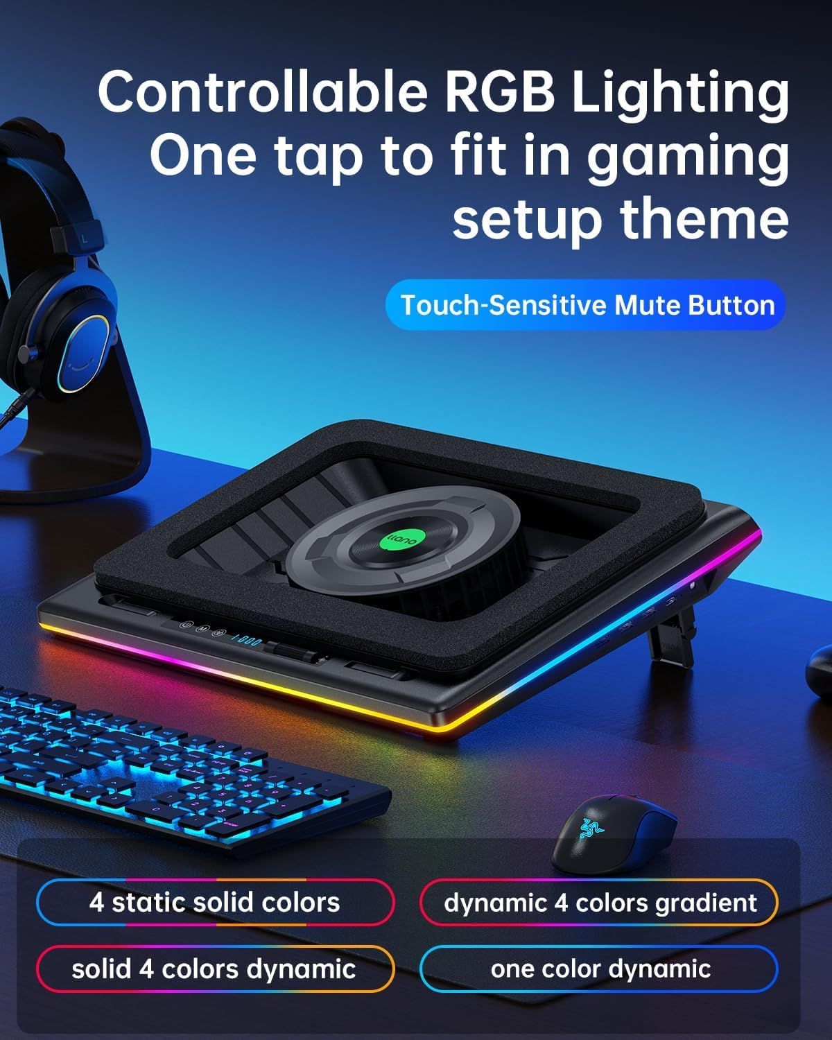 Highlights multiple gaming-focused features of the laptop cooling pad, including customizable RGB lighting that syncs with gaming setups, a convenient…