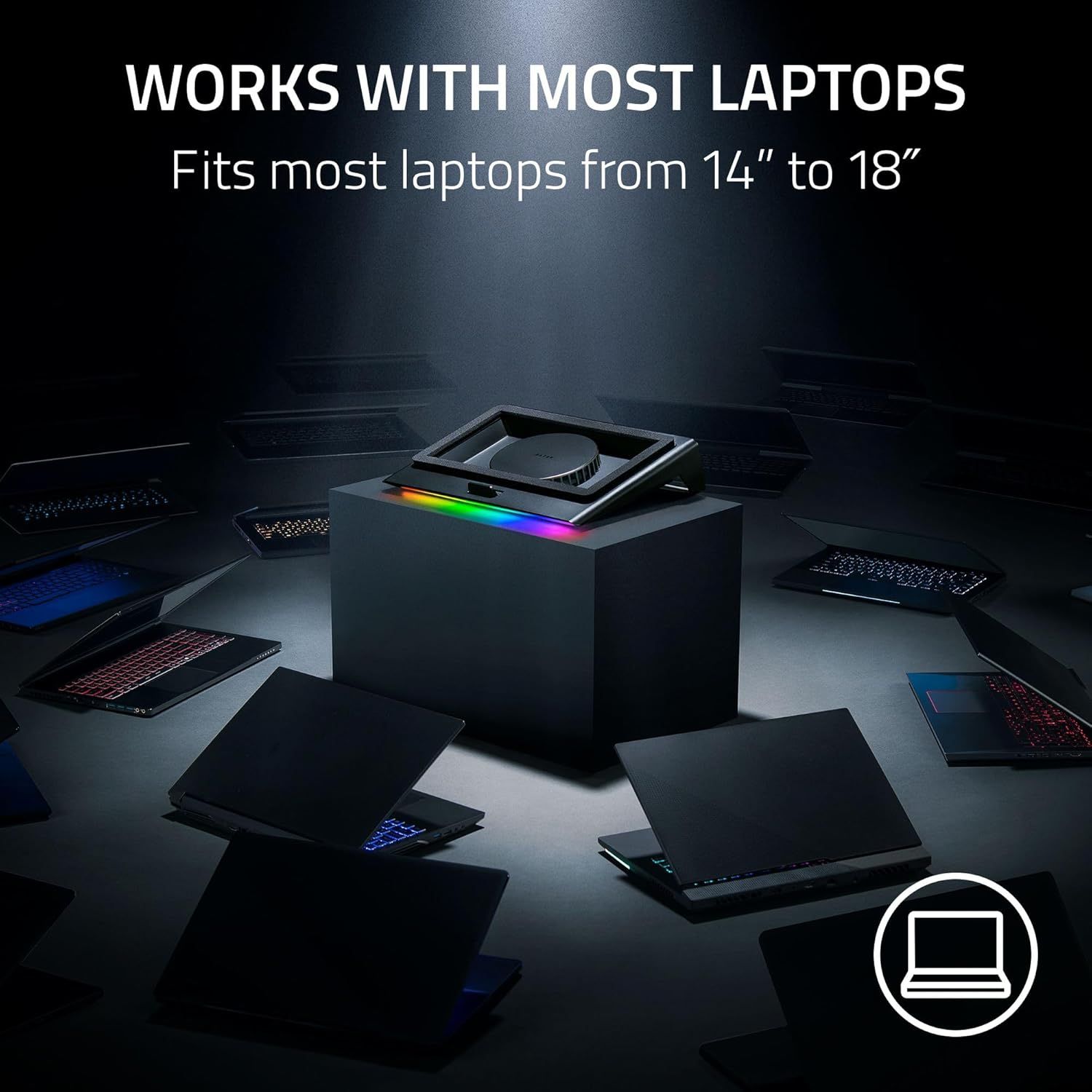 Demonstrates that the product (laptop cooling stand or accessory) is compatible with a wide range of laptop sizes from 14 to 18 inches, reassuring shoppers…