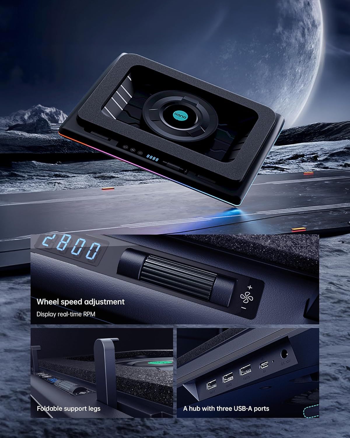 Showcases multiple distinct features of the laptop cooling pad in a segmented layout to demonstrate its versatility and functionality, including adjustable…