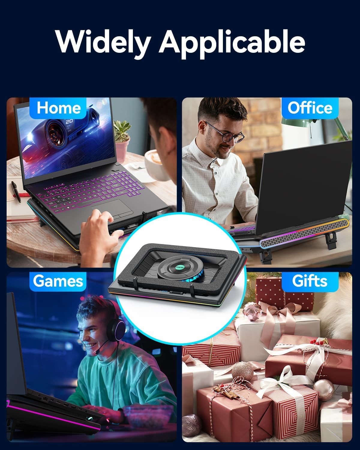Demonstrates the product's versatility by showing it can be used in multiple environments and scenarios, from home entertainment and office work to gaming and as a gift option. Positions the product…
