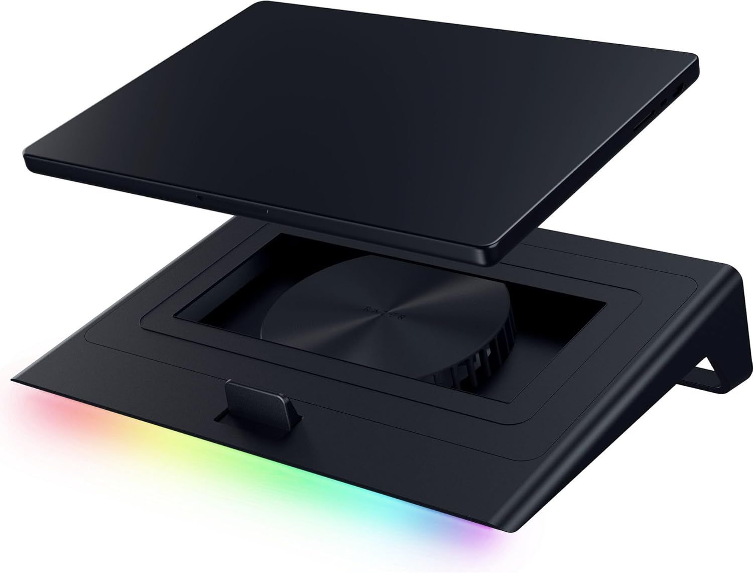 Provides a clean, catalog-style view of the laptop stand product showing its design, adjustable platform, and RGB lighting feature without any distractions.