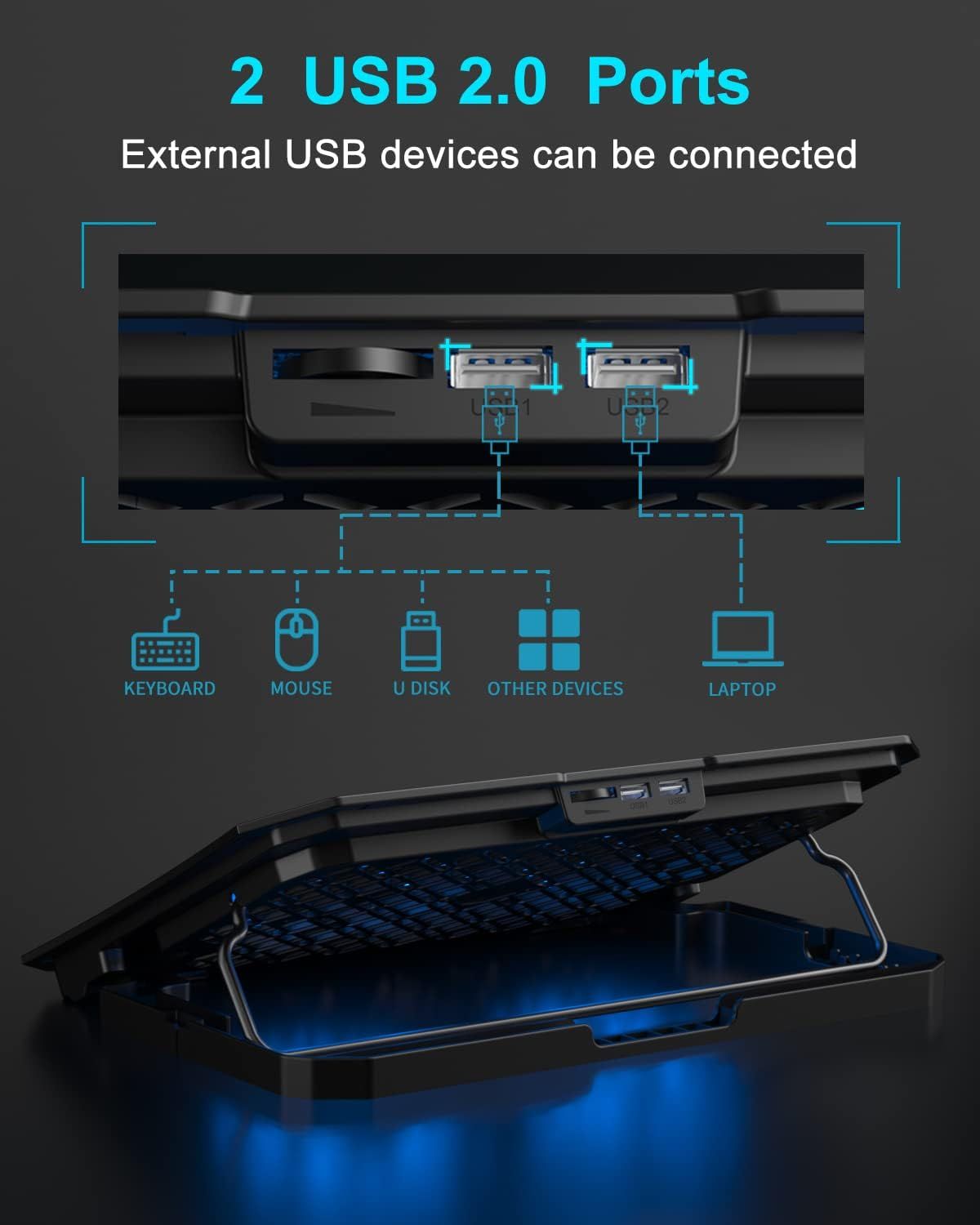 Demonstrates the product's versatility by showing multiple compatible devices (keyboard, mouse, U disk, other devices, laptop) that can be connected via the 2…