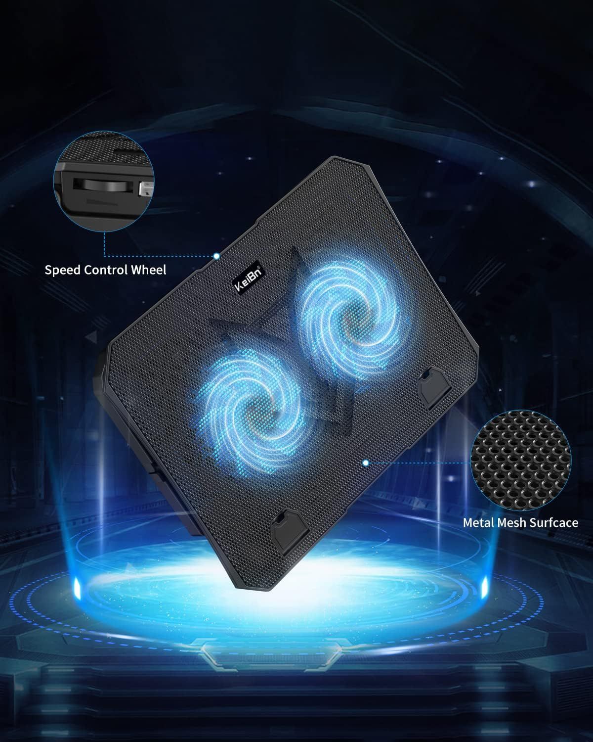 Highlights the physical components and construction of the laptop cooling pad, showing the speed control wheel and metal mesh surface to communicate build…