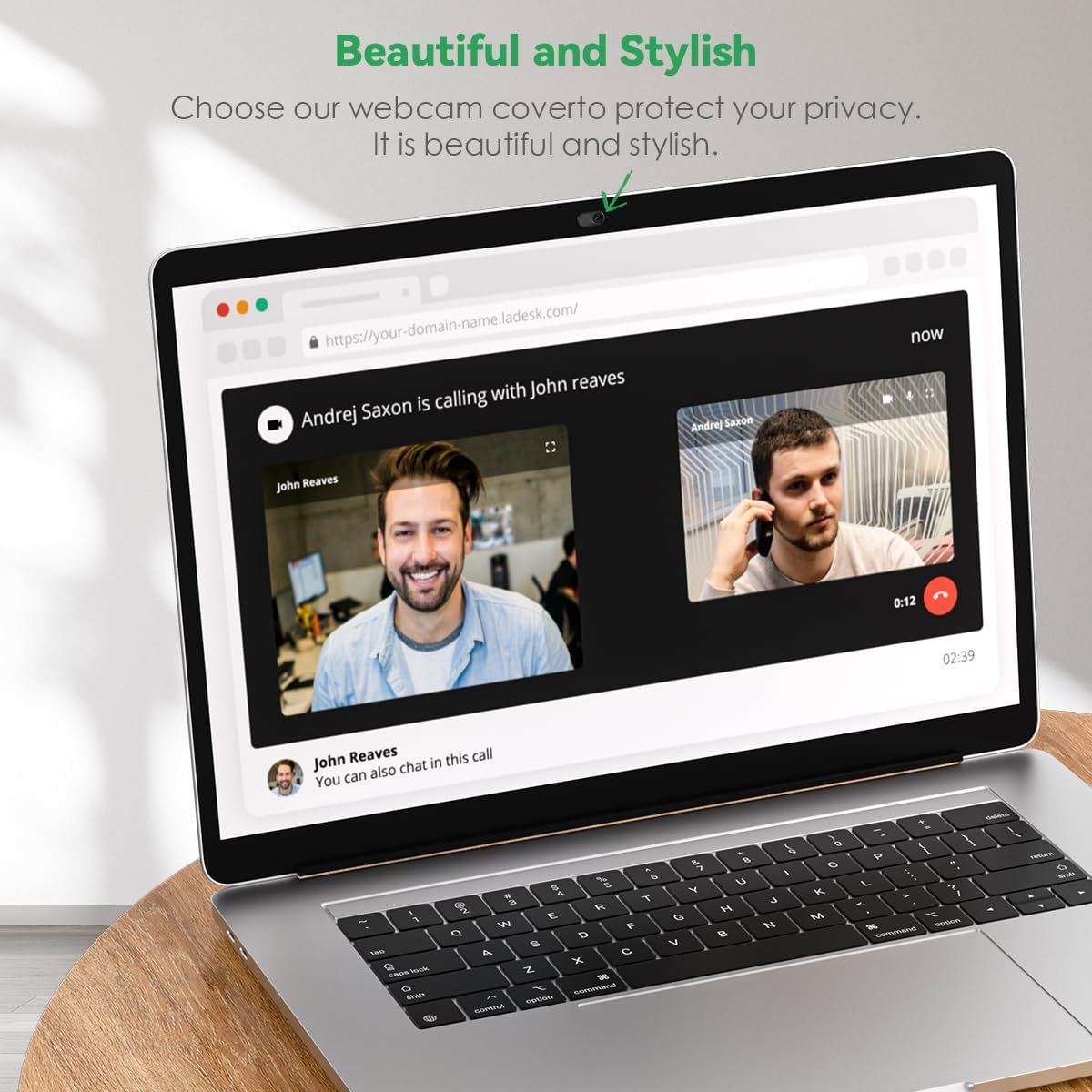 Highlights the webcam cover's dual benefit of protecting user privacy while maintaining an attractive, stylish appearance that complements the laptop's design.
