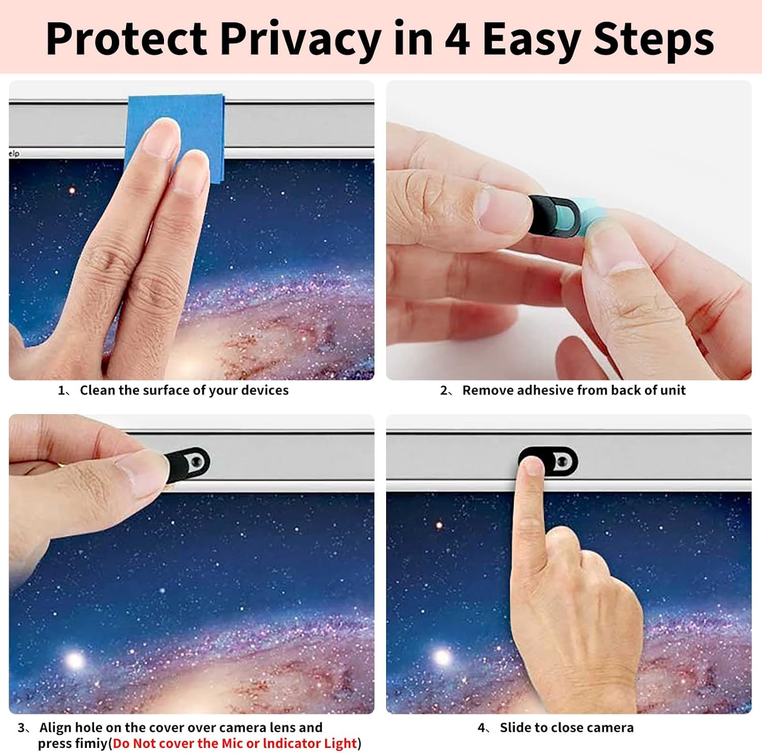 Demonstrates the simple 4-step installation process for a webcam privacy cover, reassuring shoppers that protecting their privacy is quick and straightforward.