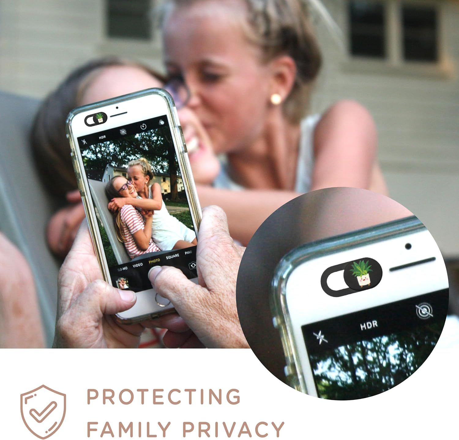 Communicates that the product protects family privacy by covering the phone camera when not in use, providing security and peace of mind.