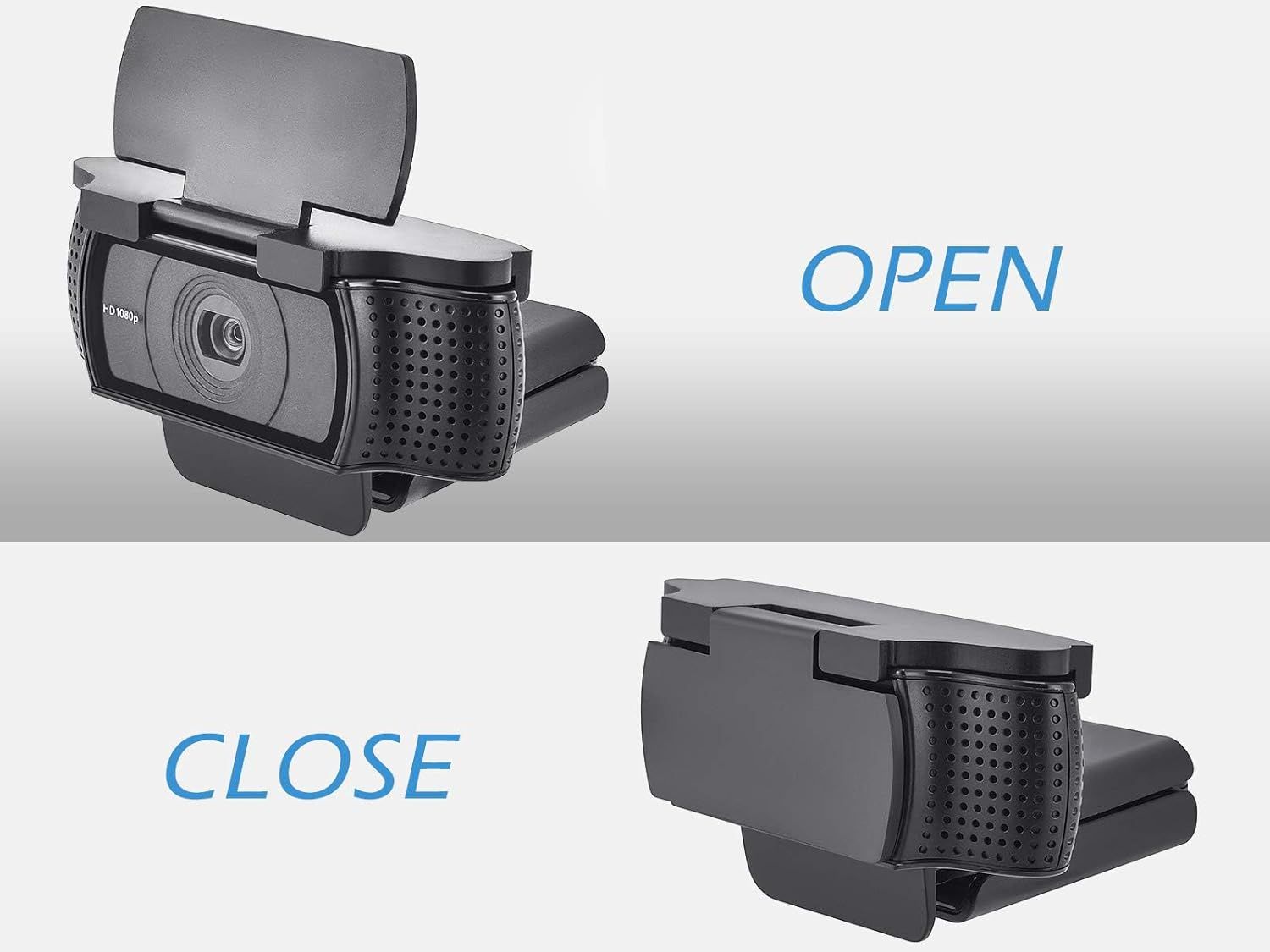 Demonstrates the webcam's built-in privacy cover feature, showing how it can be opened and closed to protect user privacy when the camera is not in use. Highlights the privacy benefit of the…