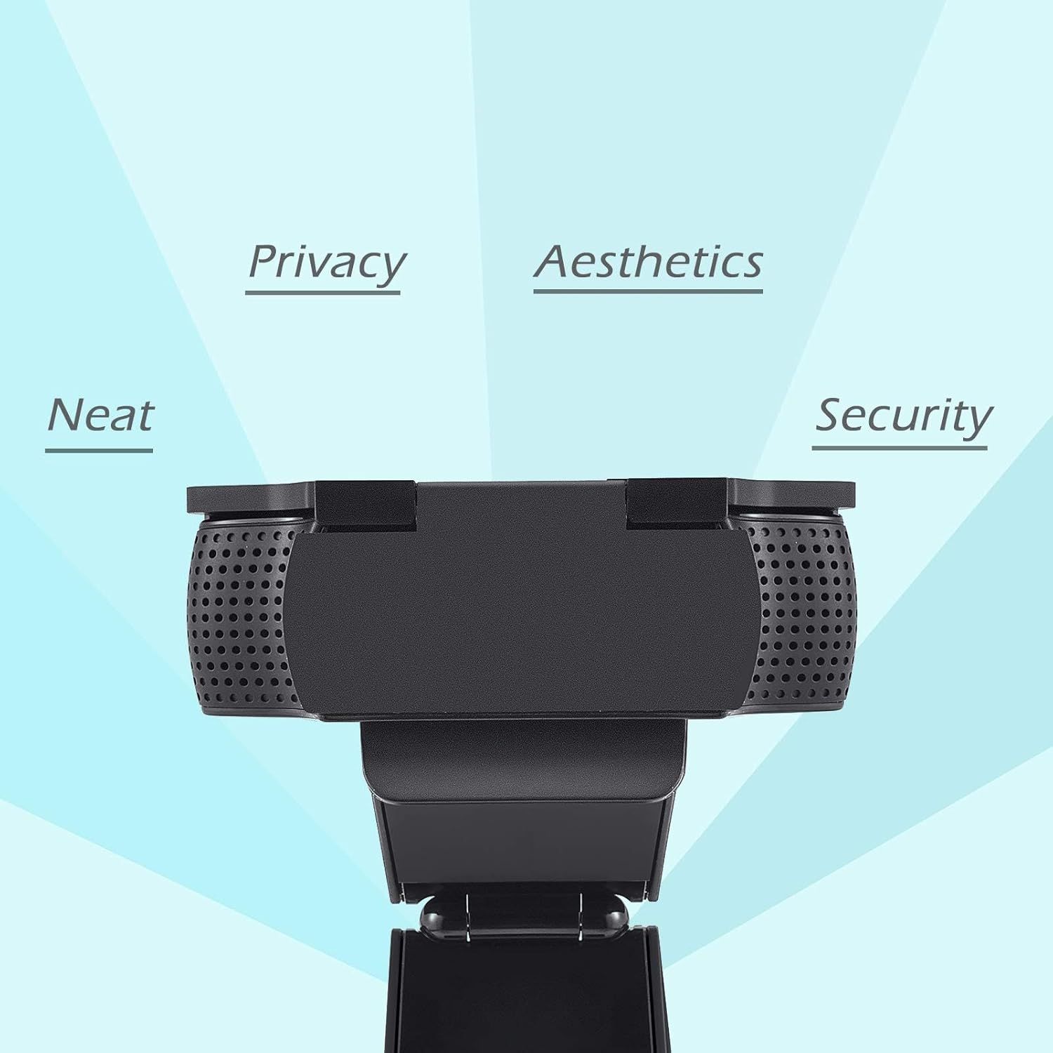 Communicates four distinct benefits of the webcam—privacy protection, attractive design, neat appearance, and security—to reassure shoppers of its…