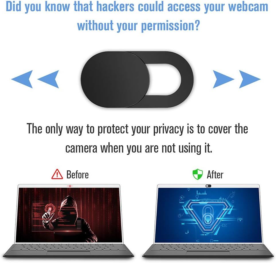 Demonstrates the transformation from vulnerable (hacker threat) to protected (secure) by using the webcam cover product, emphasizing the security benefit and peace of mind it provides.