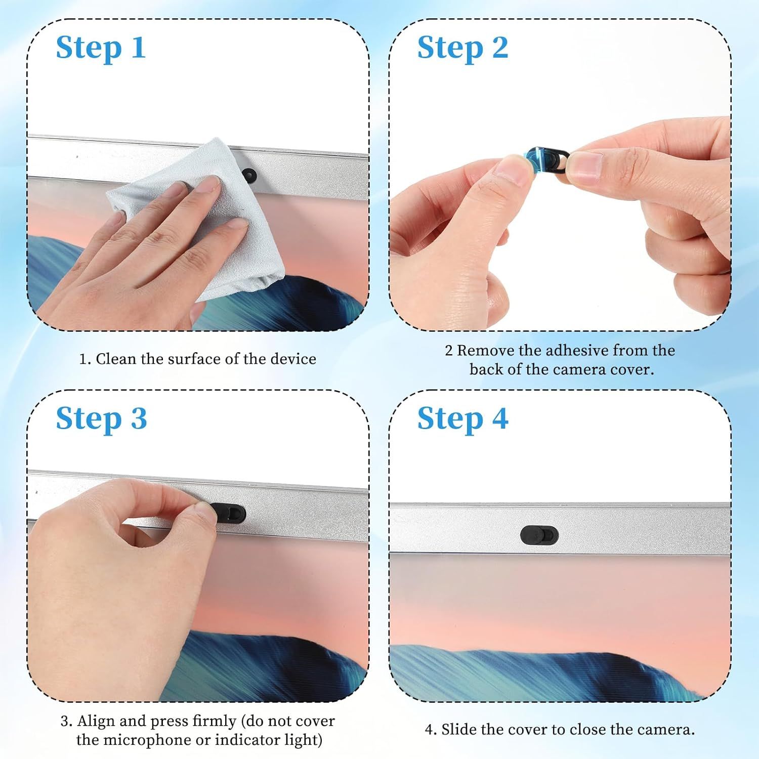 Provides step-by-step visual instructions to guide the shopper through the proper installation process of a camera privacy cover, ensuring correct setup and functionality.