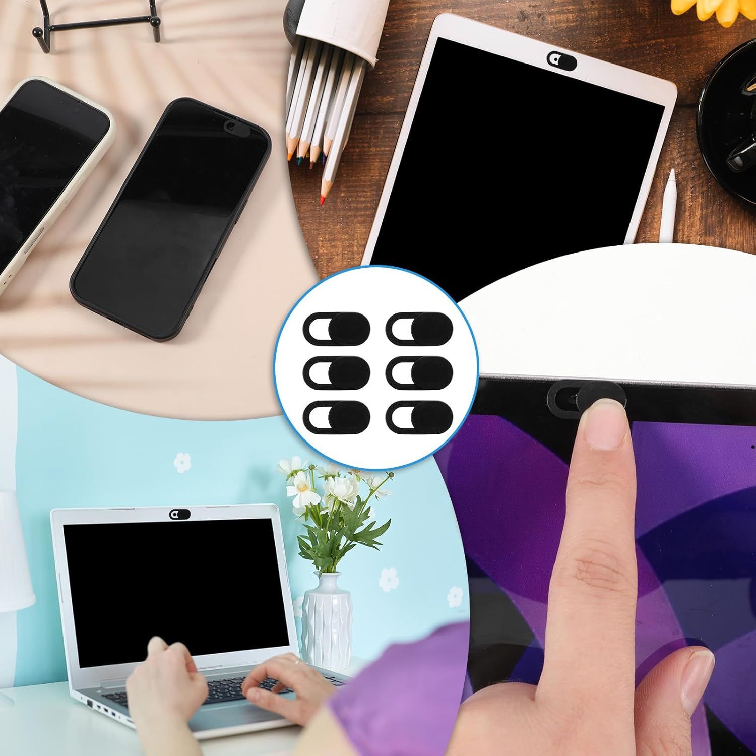 Shows the customer what they receive in the package: multiple webcam privacy covers that can be used across various devices including laptops, tablets, and phones for privacy protection.