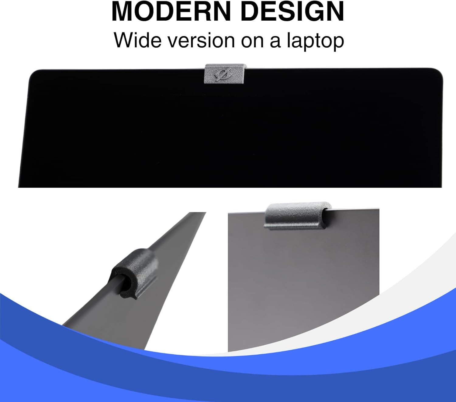 Highlights the modern design and physical components of the laptop privacy cover, showing the wide version and detailed close-ups of the hinge mechanism to…