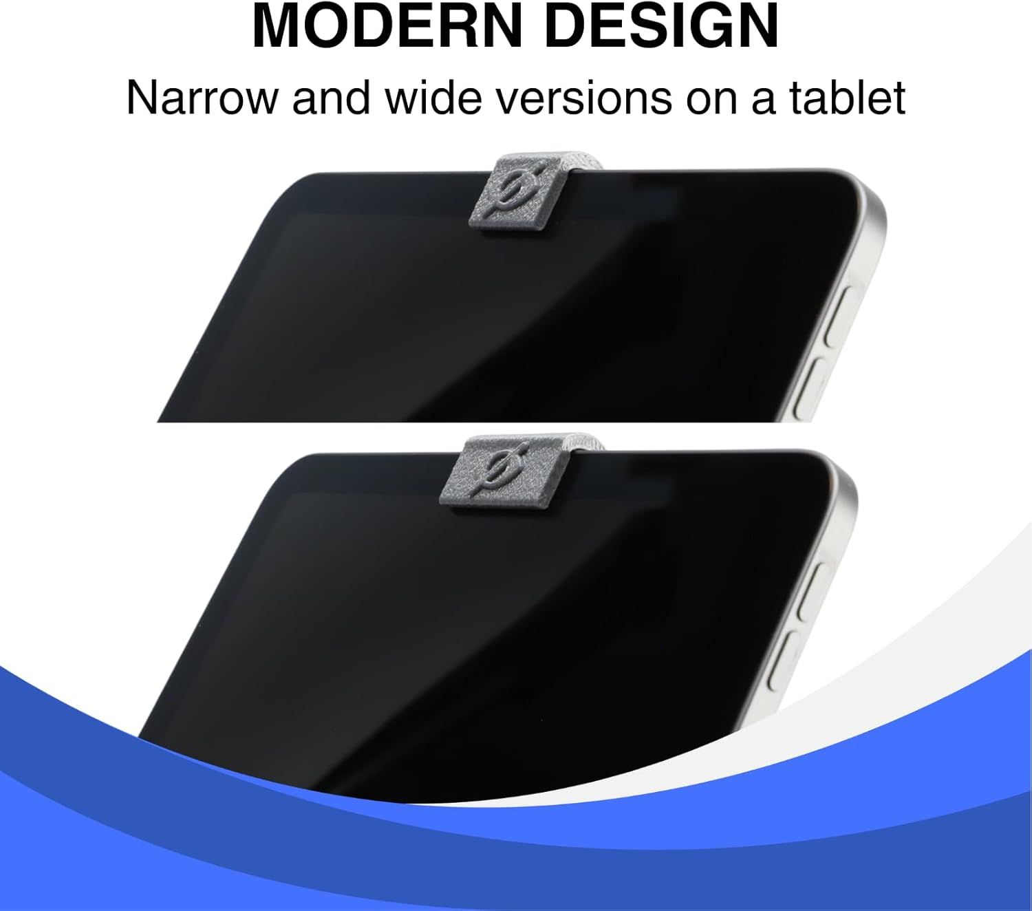 Showcases the brand's product lineup by displaying two size options (narrow and wide versions) available for the tablet accessory, helping shoppers choose the right fit for their device.